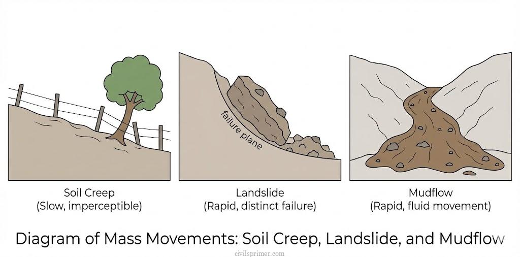 Different types of Mass Movements upsc physical geography basics