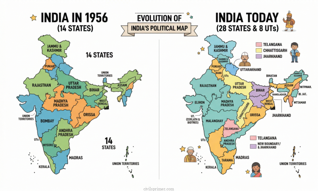 India in 1956 vs India Today Political Reorganization of India UPSC Basics