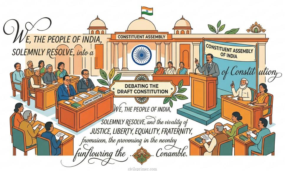 illustration of the Constituent Assembly debating the draft upsc polity basics