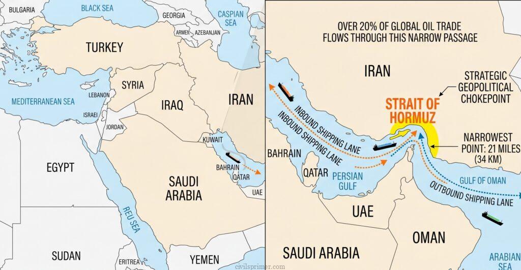 geopolitical map of West Asia and the Strait of Hormuz upsc prelims 2026